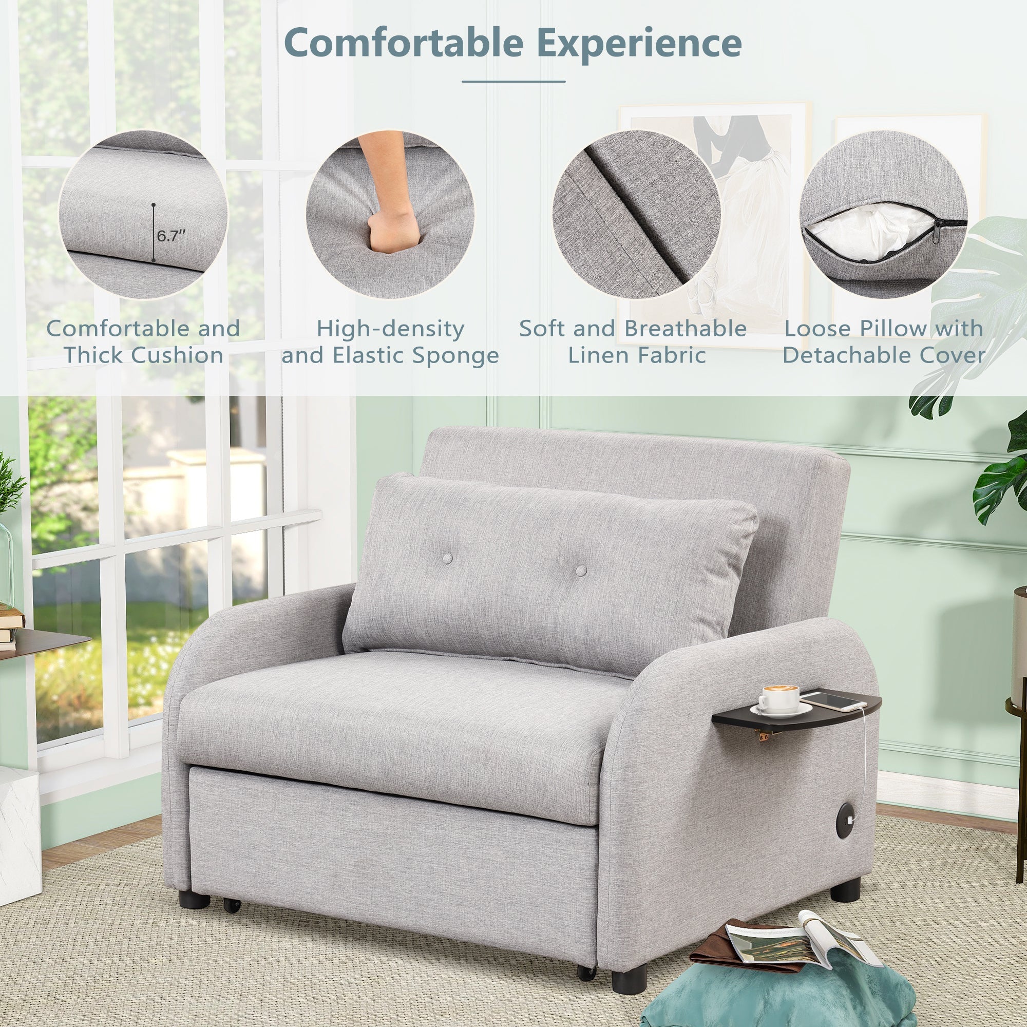 3-in-1 Pull Out Sofa Sleeper with Wing Table and USB Charge, Gray Linen, Iron Frame, 36.2-71.7'D x 42.9'W x 35.8'H