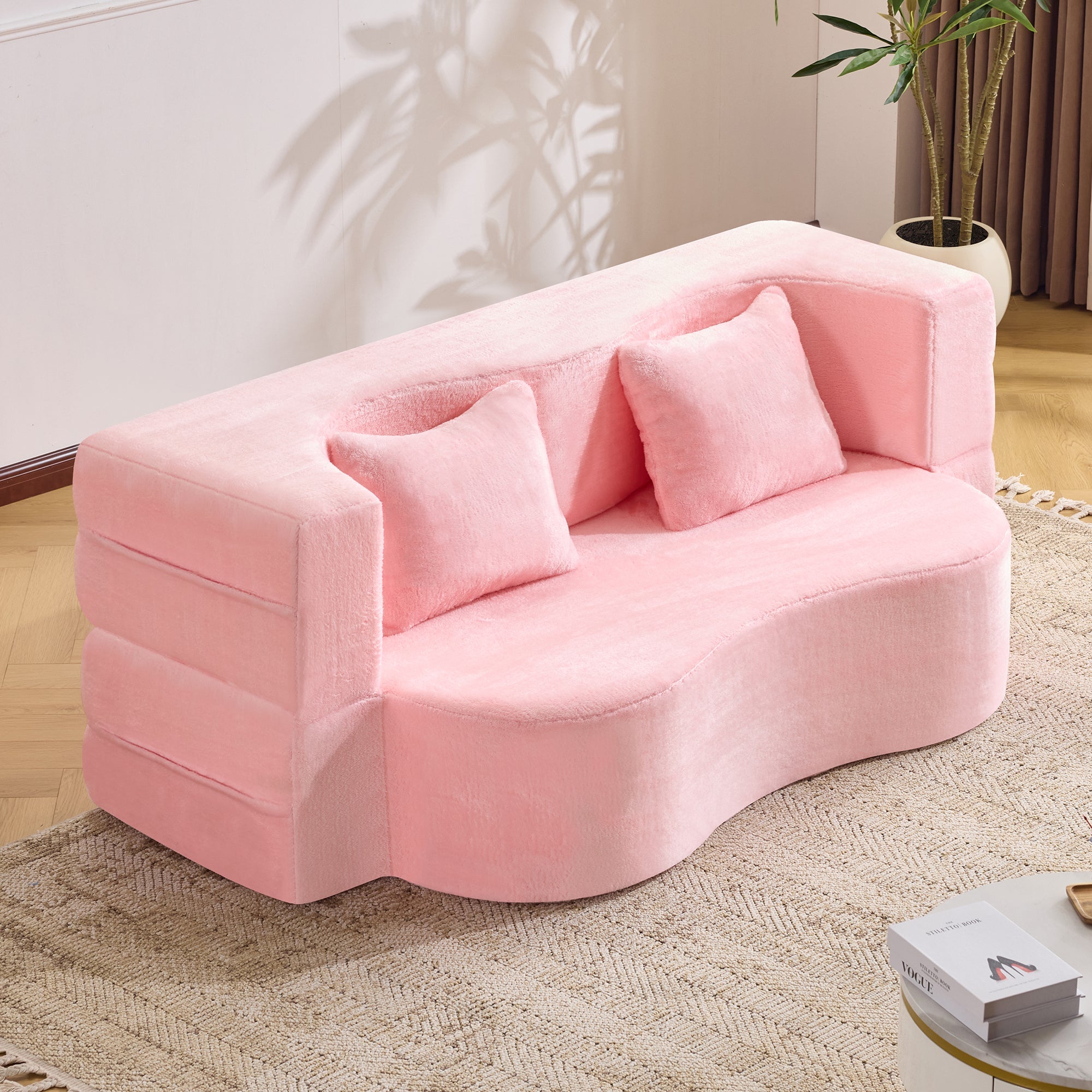 71-inch folding sofa bed, chenille futon sofa bed, high-density foam convertible sofa bed, folding floor sofa bed for living room, guest room, bedroom, pink
