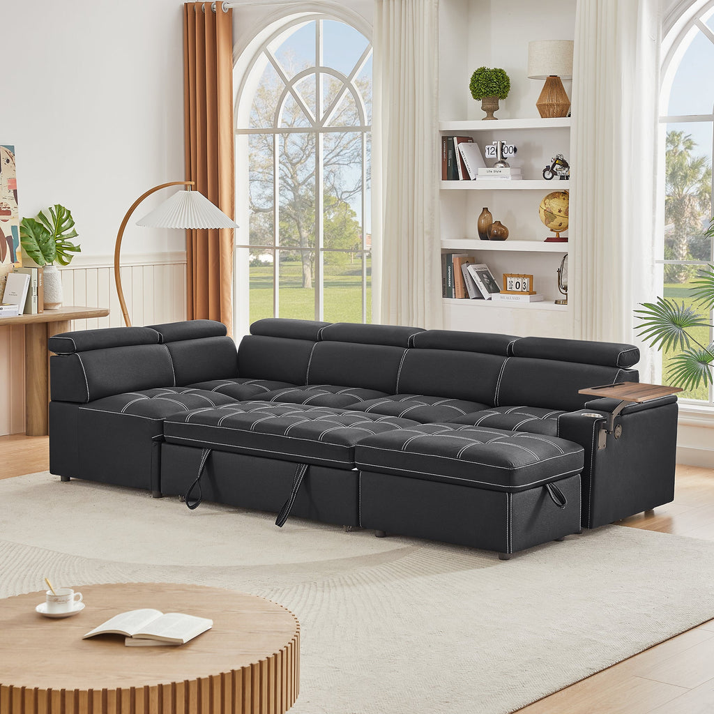 Black Fabric Sectional Sofa with Storage Ottoman