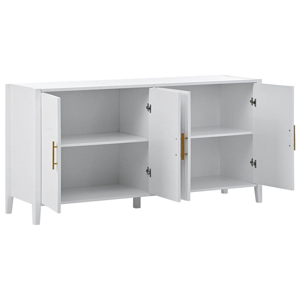 U_Style 63.1''Modern 4-Vertical Wavy Slatted Doors Sideboard,Storage Cabinet With Elegant Design, Solid Wood Legs with Painted,Metal Handles,for Dining Room,Living Room, Kitchen, or Entryway(White)