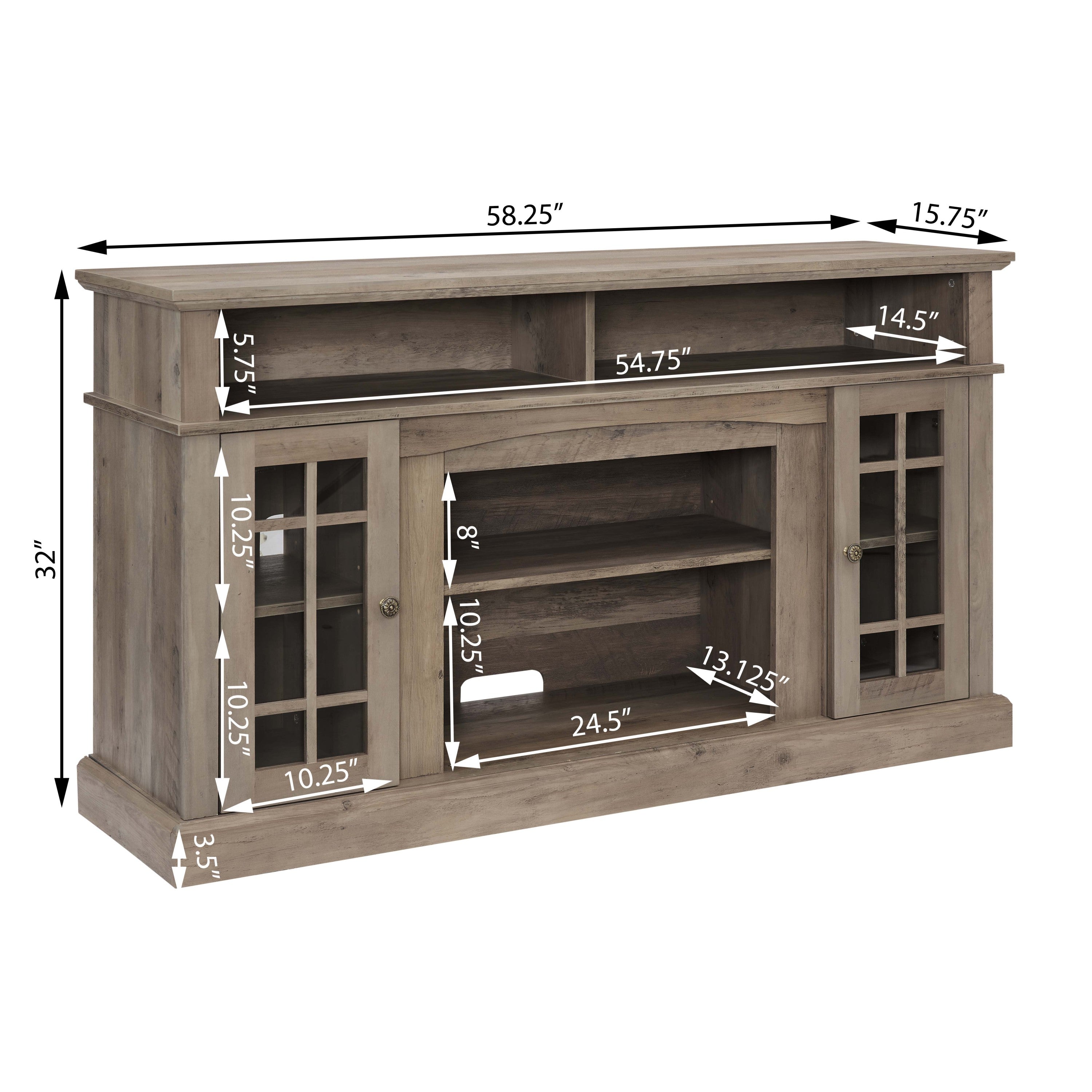 Classic TV Media Stand Modern Entertainment Console with 23' Fireplace Inset for TV Up to 65' with Open and Closed Storage Space, Gray Wash, 58.25'W*15.75'D*32'H
