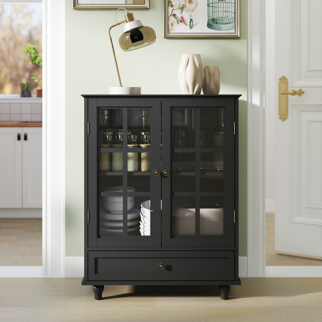 Minimalist Buffet Cabinet with Double Glass Doors and Drawer, Modern Wooden Storage Sideboard in Black