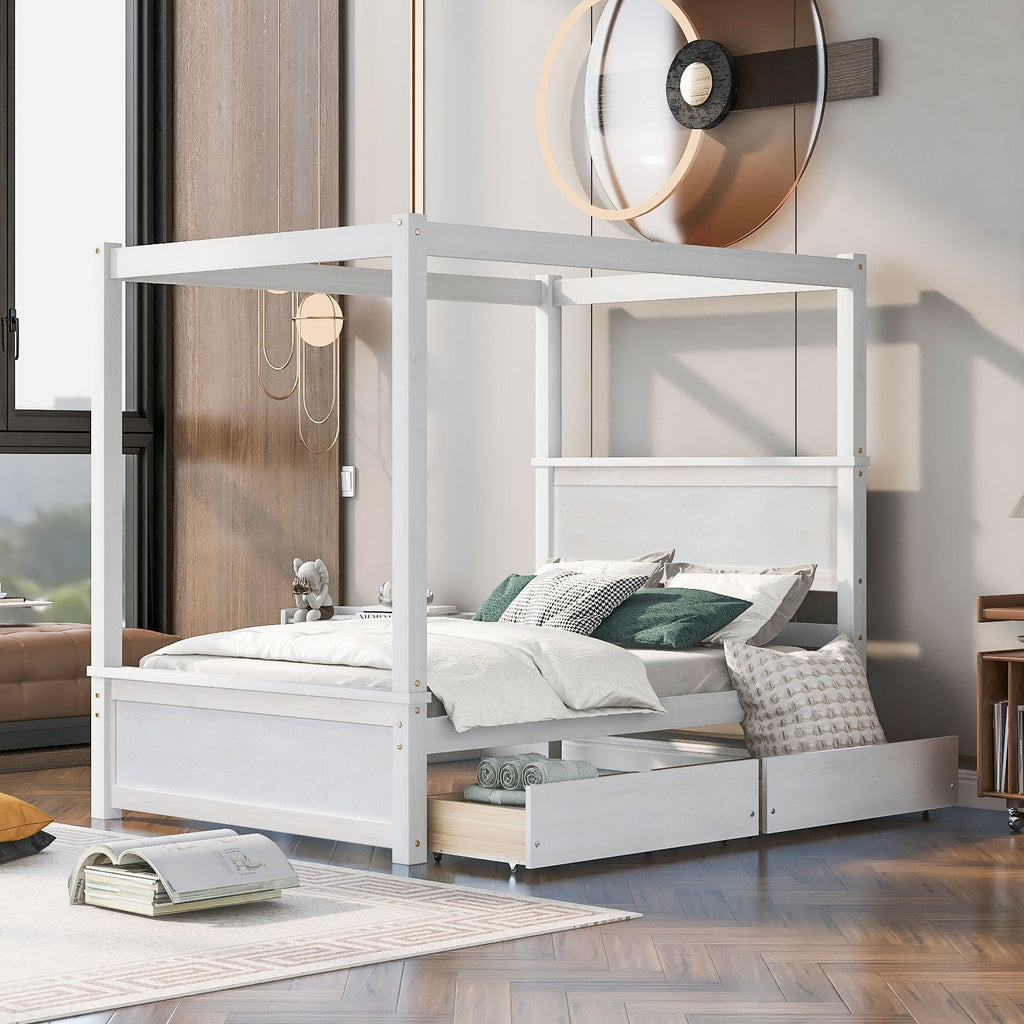 Canopy Platform Bed With Drawers, Support Slats, No Box Spring Needed