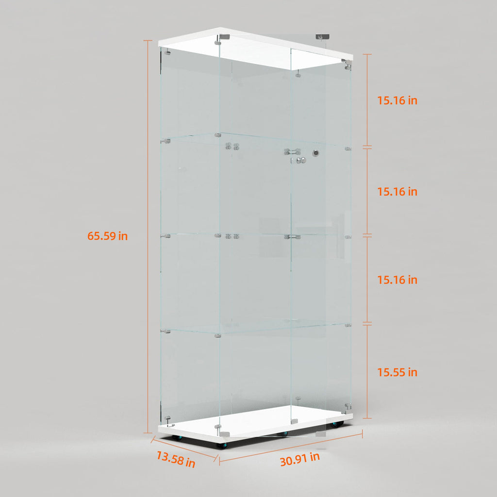 Tempered glass display cabinet, wine cabinet,storage cabinet,file cabinet,with Bluetooth LED light strip,lock on the door,equipped with cast,easy to move,for living room, bedroom,hallway,Office,white
