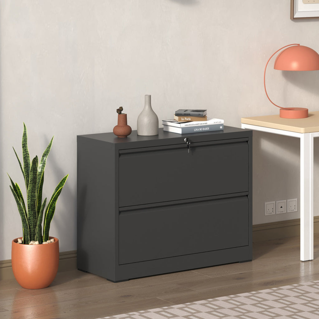 Modern Black 2-Drawer Steel Lateral File Cabinet with Lock for Legal/Letter/A4/F4 Size