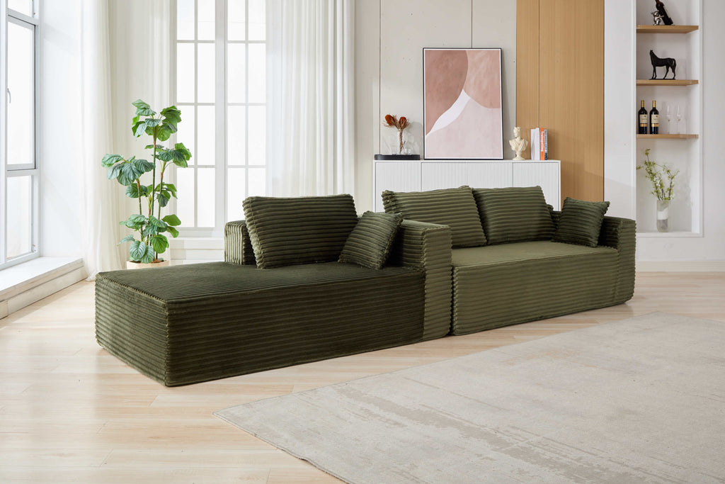 Compression Sectional Couch with Comfy Chaise, Boneless L Shape Sofa with Deep Seat, Minimalist Modular Couches Sleeper for Living Room Bedroom Apartment Lounge,corduroy,Green