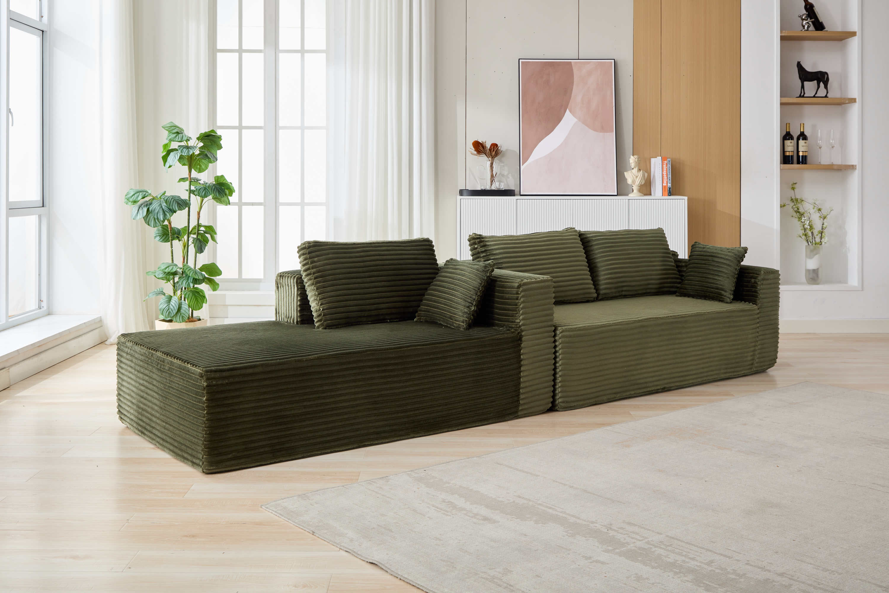 Compression Sectional Couch with Comfy Chaise, Boneless L Shape Sofa with Deep Seat, Minimalist Modular Couches Sleeper for Living Room Bedroom Apartment Lounge,corduroy,Green