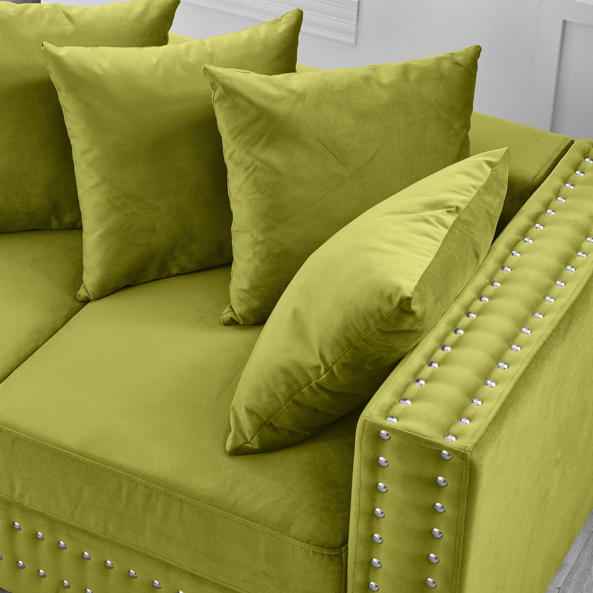 Modern Design Living Room Sofa 2+3 Seater Square armrest with Silver Nails Decoration Upholstered Velvet Couch Green