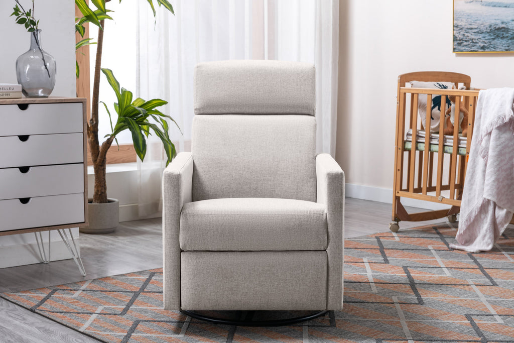 Modern Upholstered Rocker Nursery Chair with Plush Seating, Tan Linen, Swivel Recliner