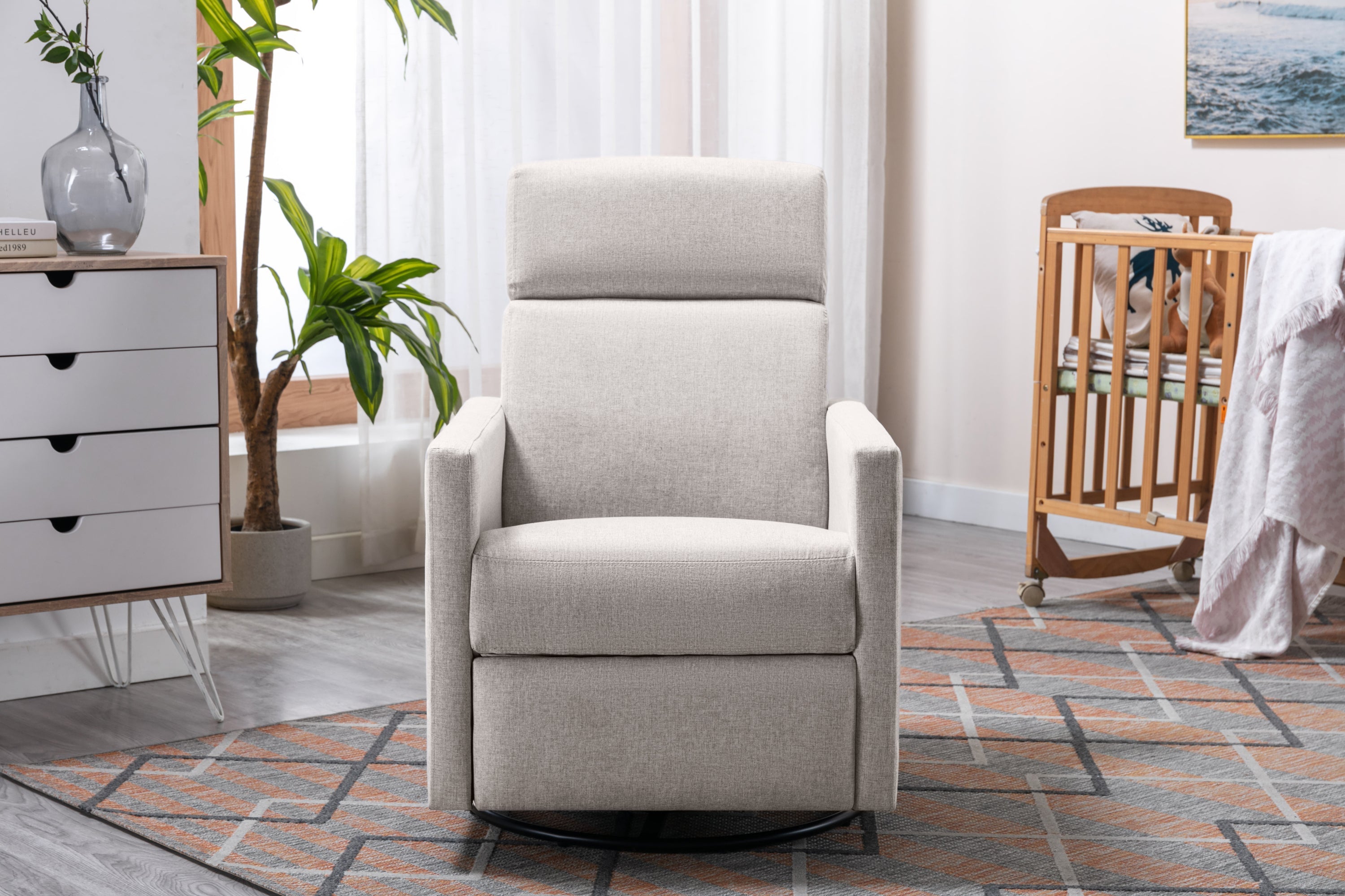 Modern Upholstered Rocker Nursery Chair with Plush Seating, Tan Linen, Swivel Recliner