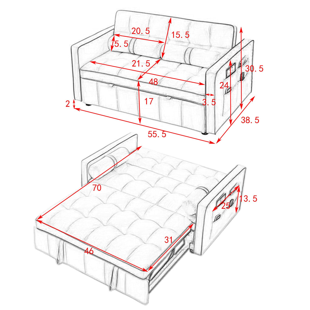 Modern 55.5' Pull Out Sleep Sofa Bed 2 Seater Loveseats Sofa Couch with side pockets, Adjsutable Backrest and Lumbar Pillows for Apartment Office Living Room