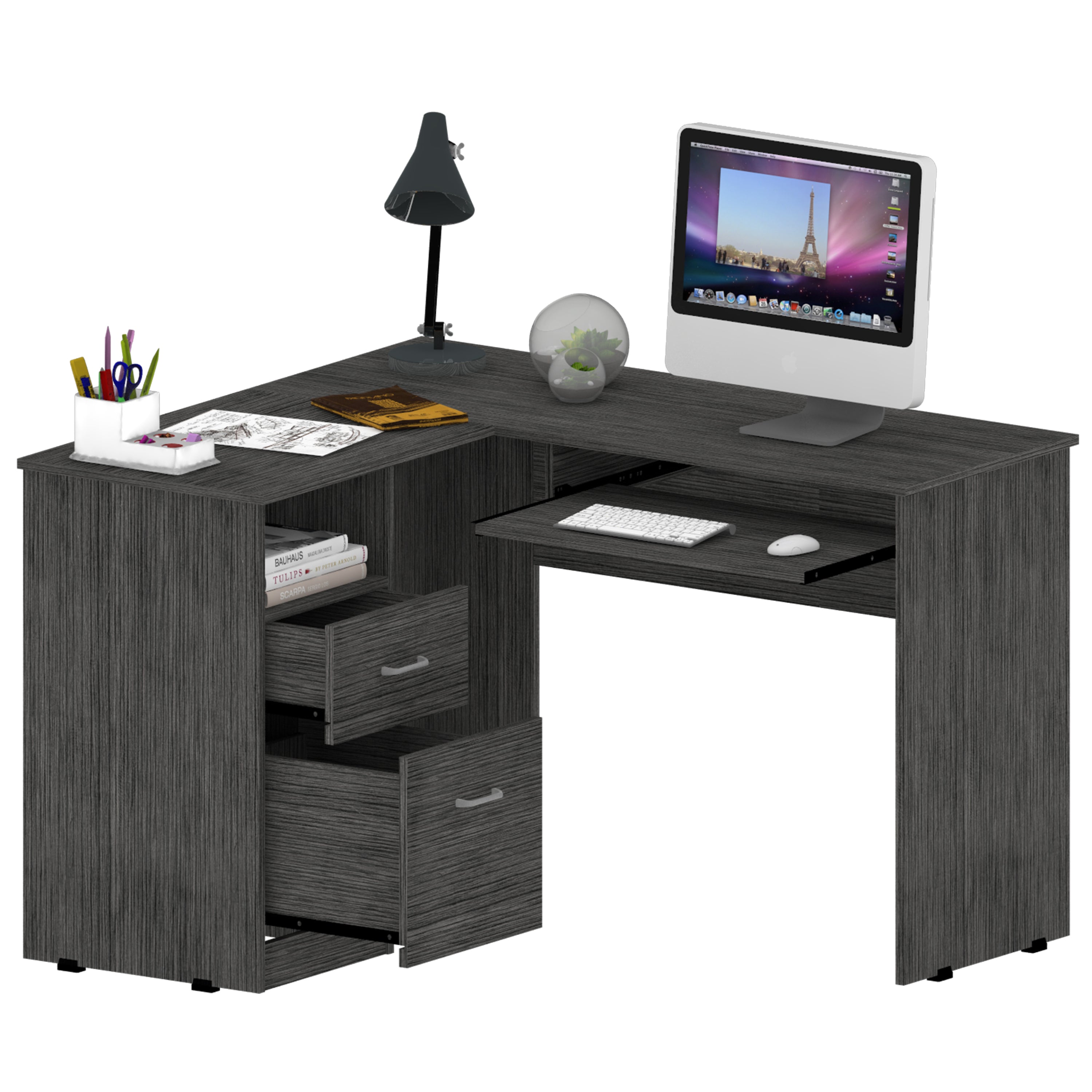 Raleigh L-Shaped Desk, Two Drawers, One Shelf, CPU Storage