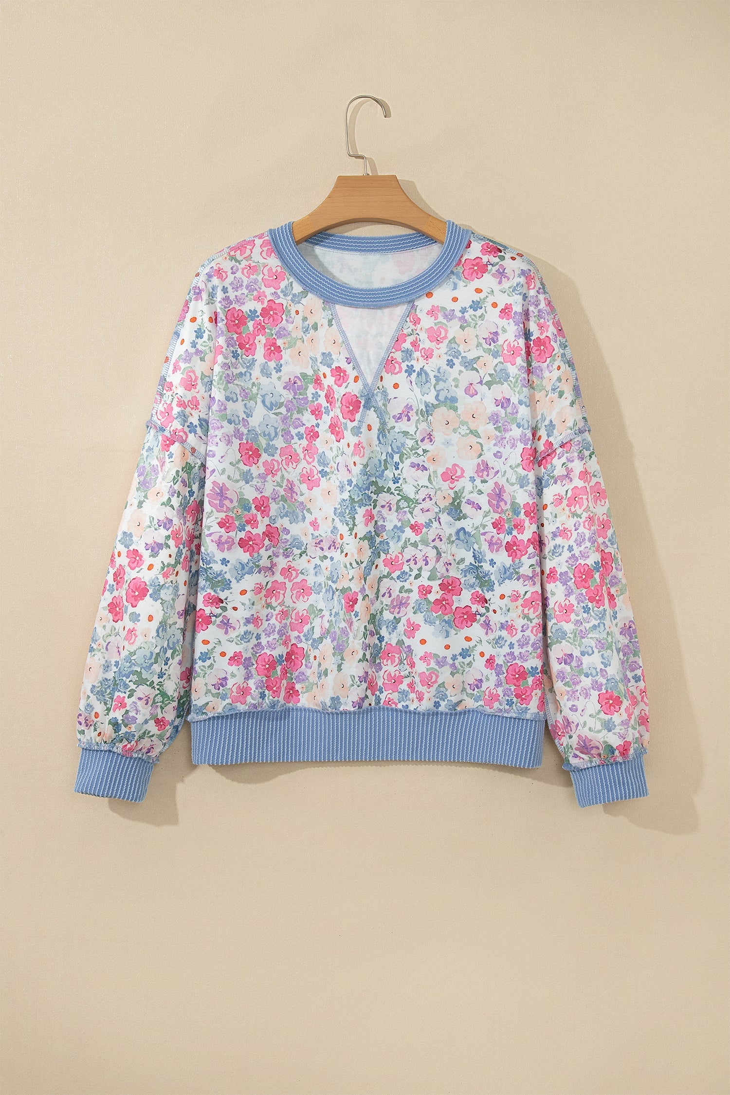 Floral Reverse Seam Drop Shoulder Long Sleeve Top