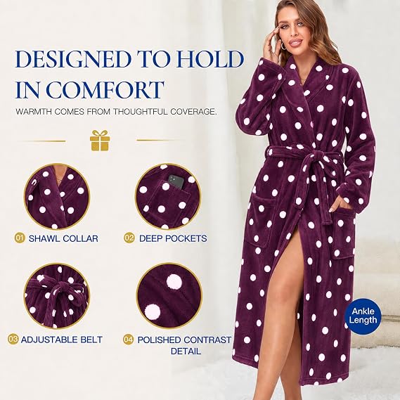 Women's Fleece Plush Warm Long Bathrobe