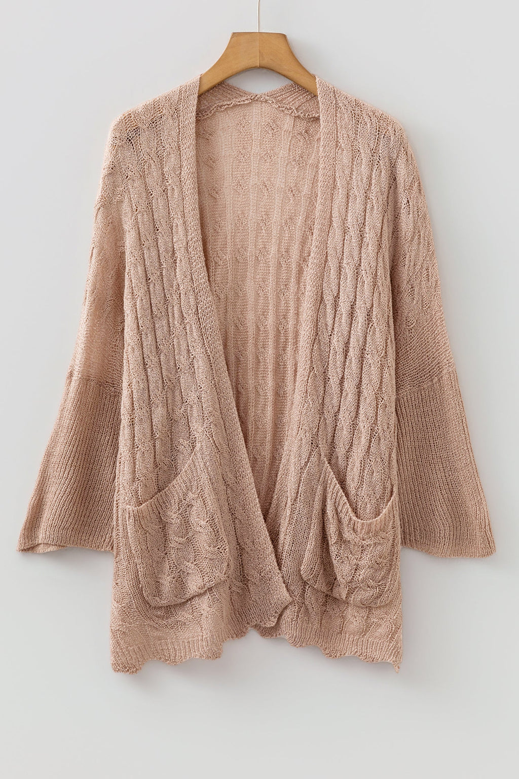 Solid Hollowed Knit Drop Shoulder Open Cardigan