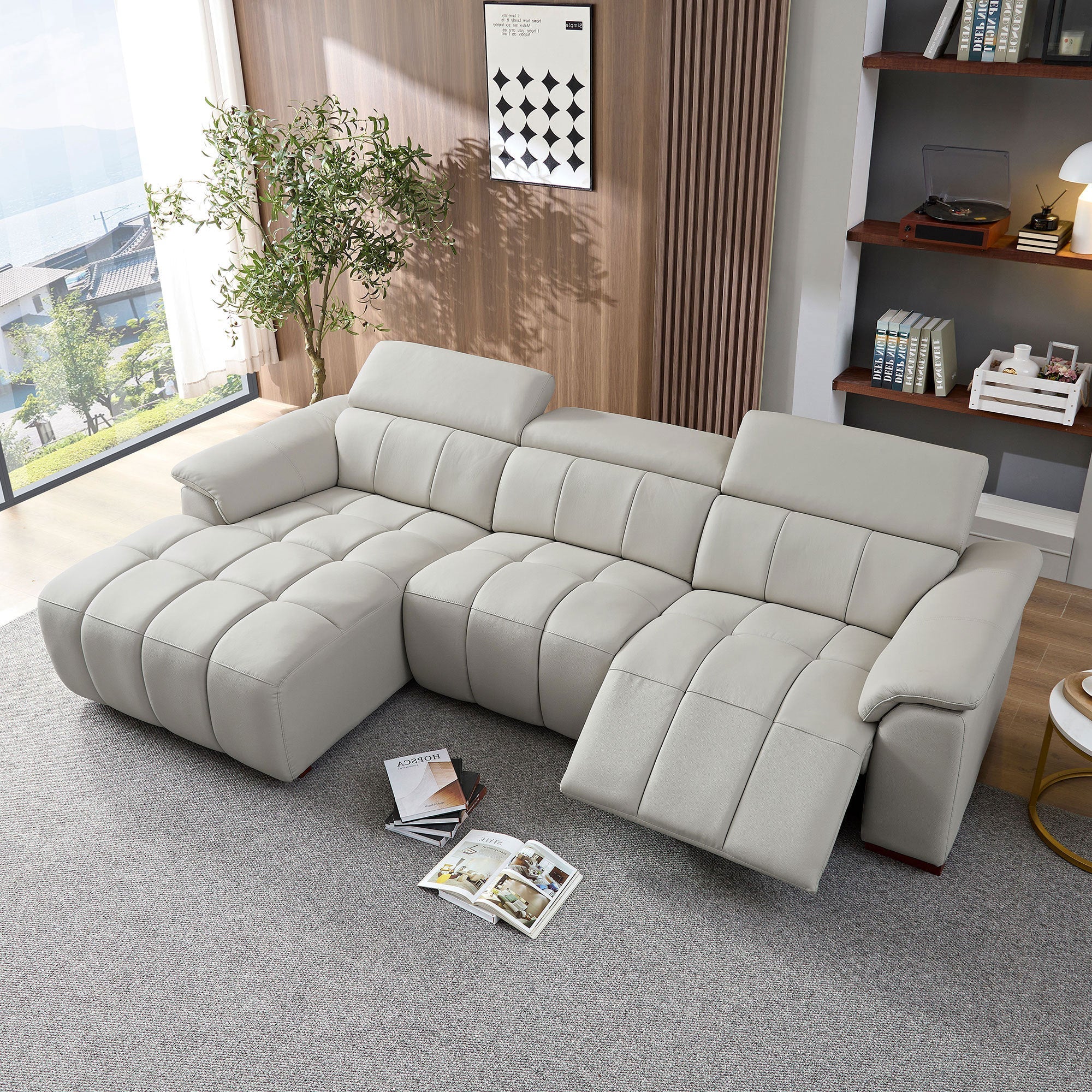 Wall-Hugger Reclining Sofa Modern Electric Control Genuine Leather L Shaped Couch,Lounge Seat Theater Seating Furniture with USB Port, Sofa with Headrest & Footrest for Living Room,Apartment,Office