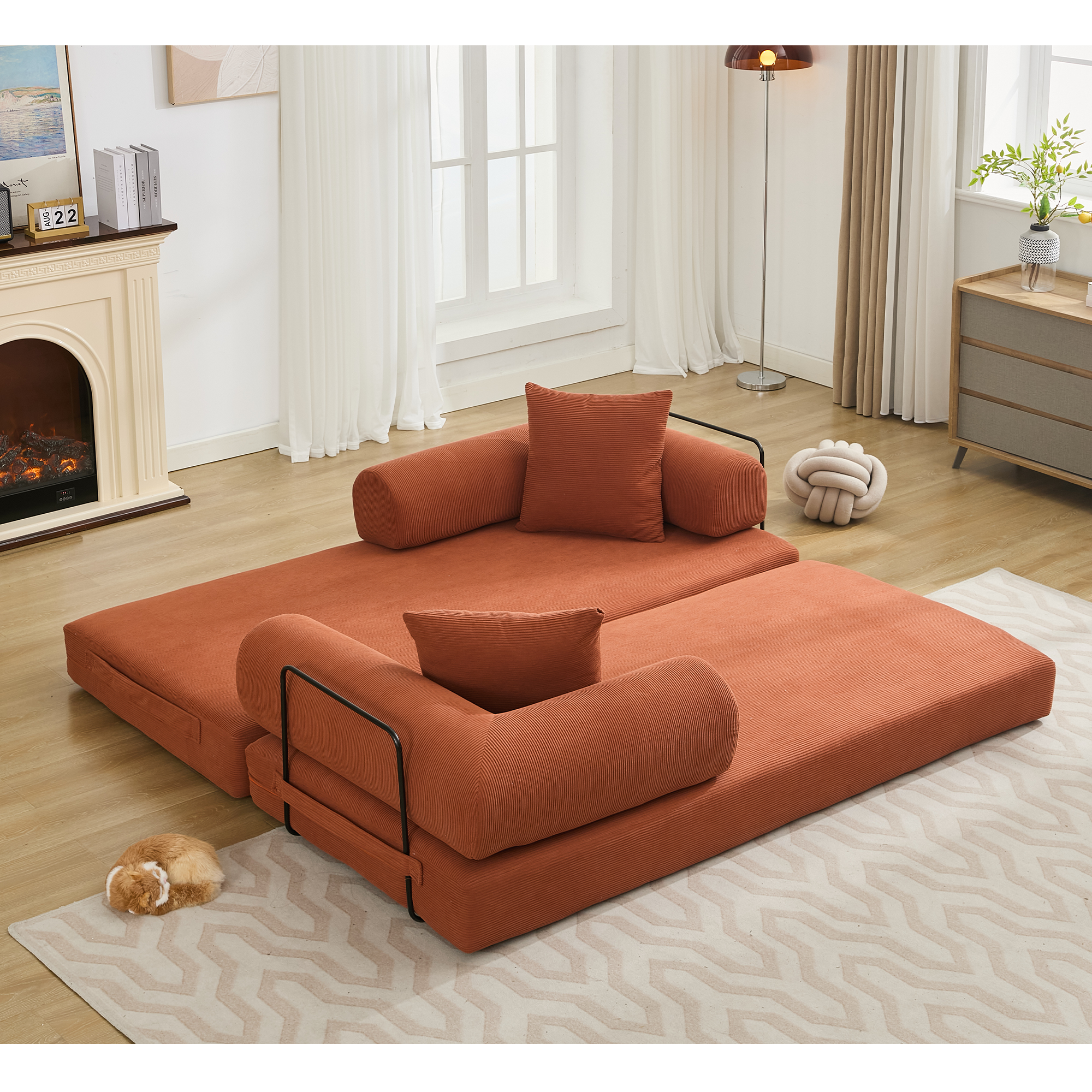 [NEW ARRIVED] [VIDEO PROVIDED] 78.5' Folding Convertible Out Sleeper Sofa Bed,4-in-1 DIY Combination Convertible Sofa, 3 seat, Folding Sleeper Sofa, King Size , Bedroom,Apartment,Corduroy,Orange