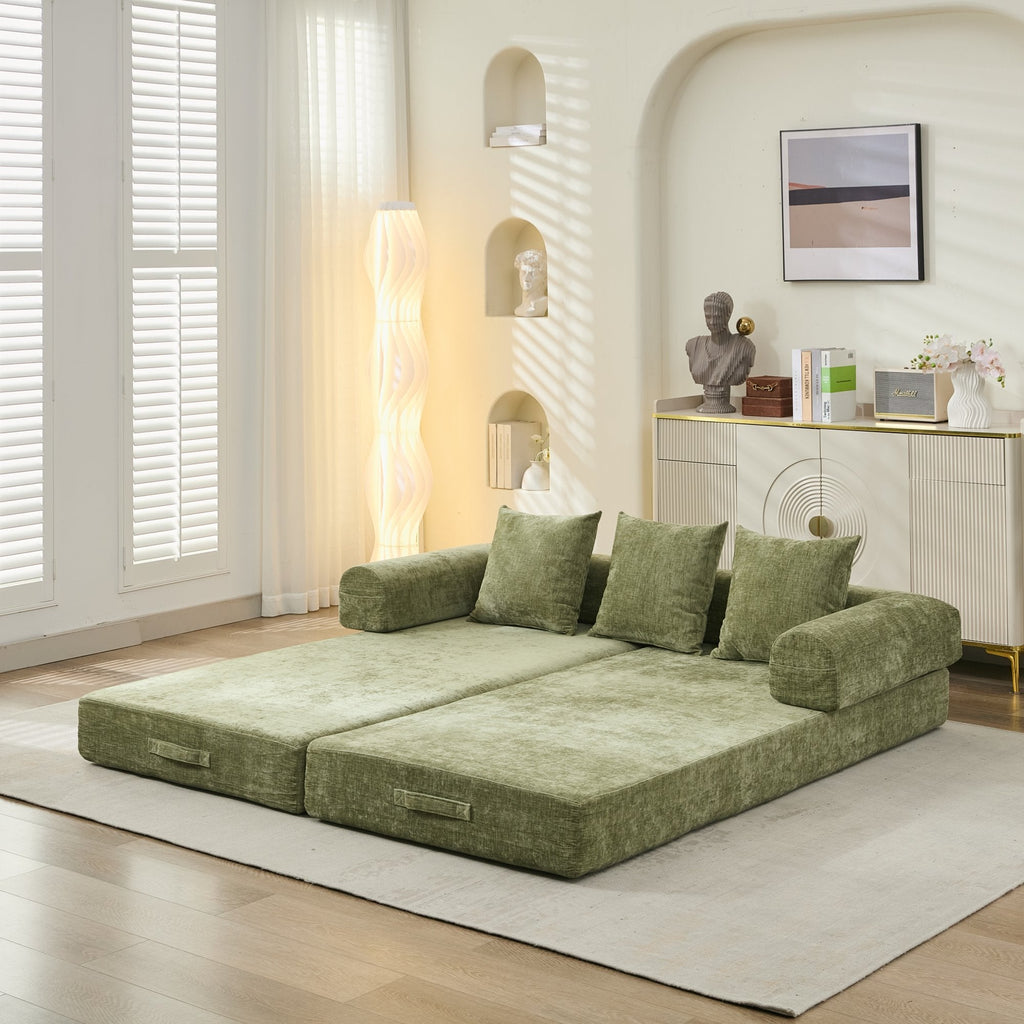 Comfy Convertible Folding Mattress Couch, Floor Sofa Bed, Chenille Floor Sofa with Armrest, Floor Sofa Lounge Couch for Living Room Bedroom Lounge Studio-Green