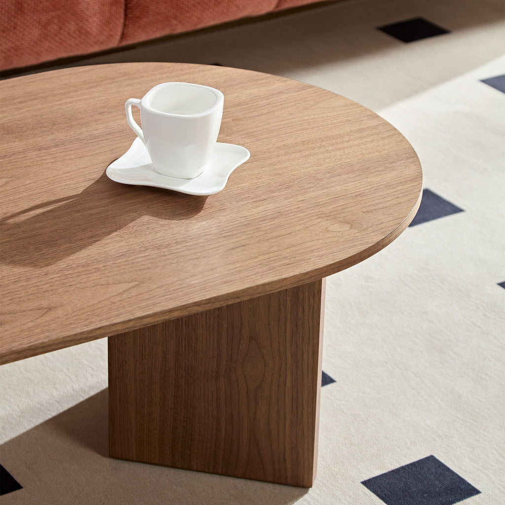 Length 39.37 Inch Modern Coffee Table,MDF Oval Coffee Table for Living Room,Small Coffee Table with Sturdy Pedestal for Apartment,Bedroom,Walnut