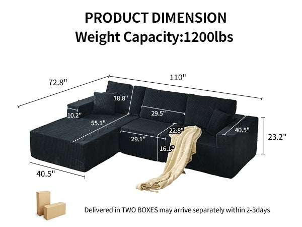 110' Cloud Modular Sectional Sofa,Boneless Couch, No Assembly, 3 seater with Ottoman & 2 Pillows, Perfect for Living Rooms and Bedrooms