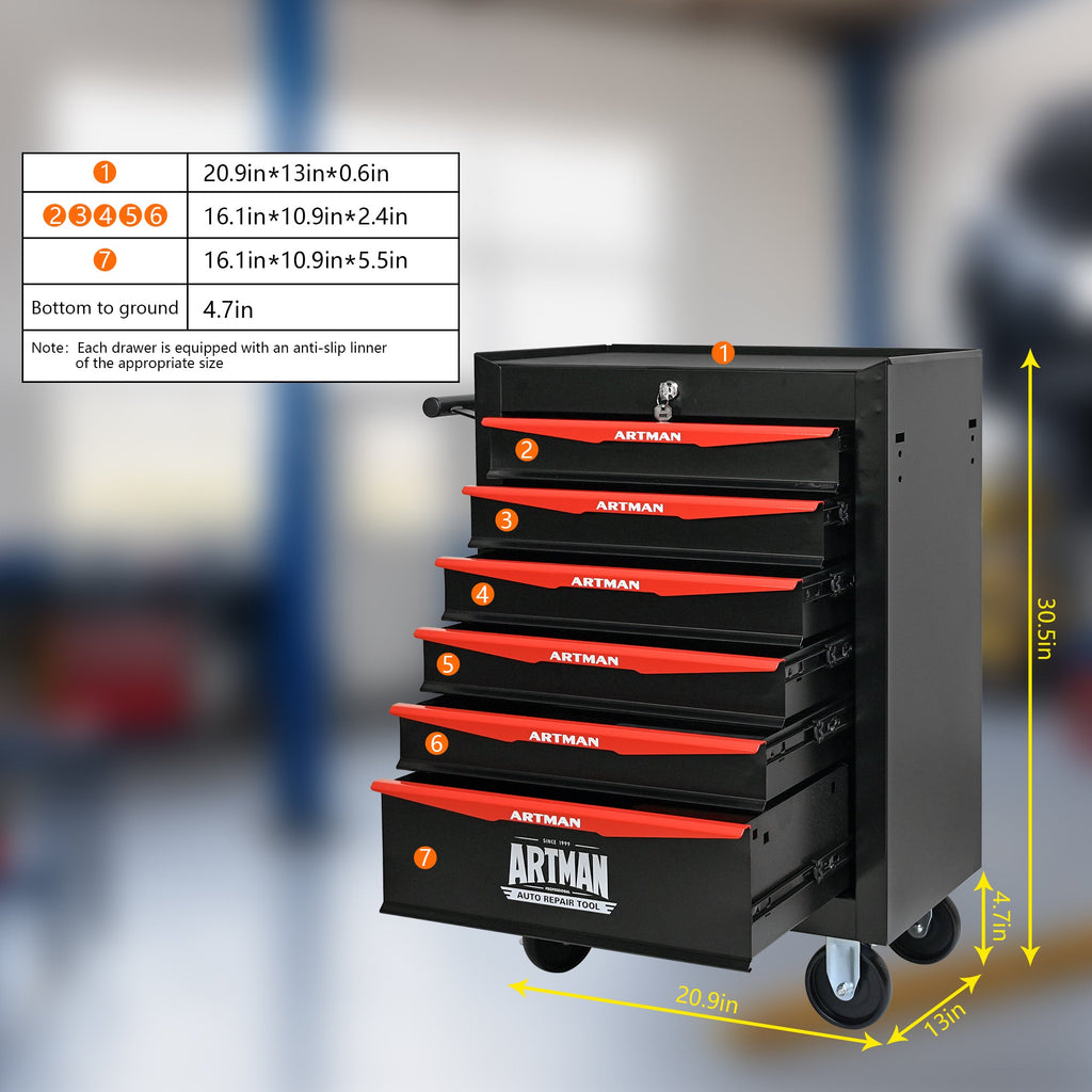 Rolling Metal Tool Chest with 6 Drawers, 20' Steel Storage Cabinet with Ball Bearing Slides, Black and Red Finish