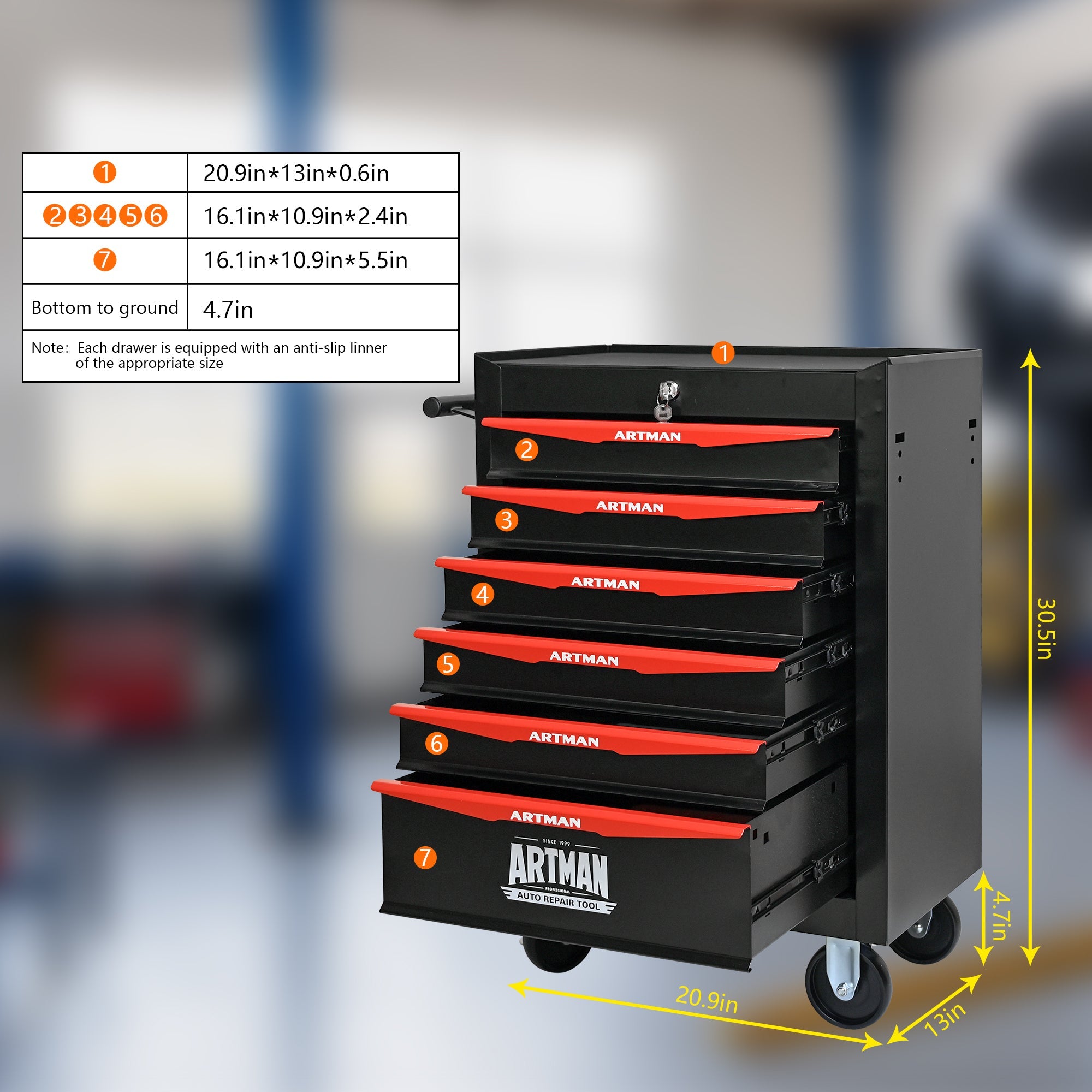 Rolling Metal Tool Chest with 6 Drawers, 20' Steel Storage Cabinet with Ball Bearing Slides, Black and Red Finish