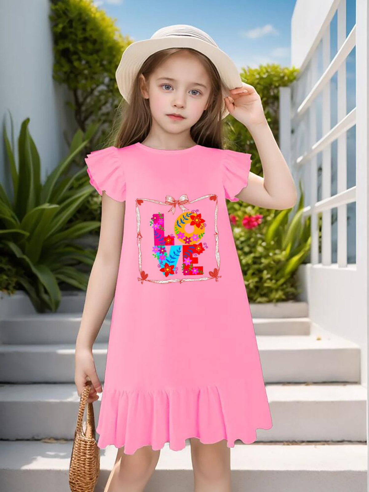 Floral LOVE Flutter Sleeve Dress for Girls (Front Printing)
