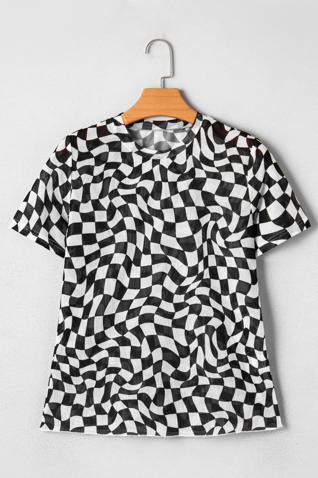 Checker Mesh Mock Neck Short Sleeve T-Shirt