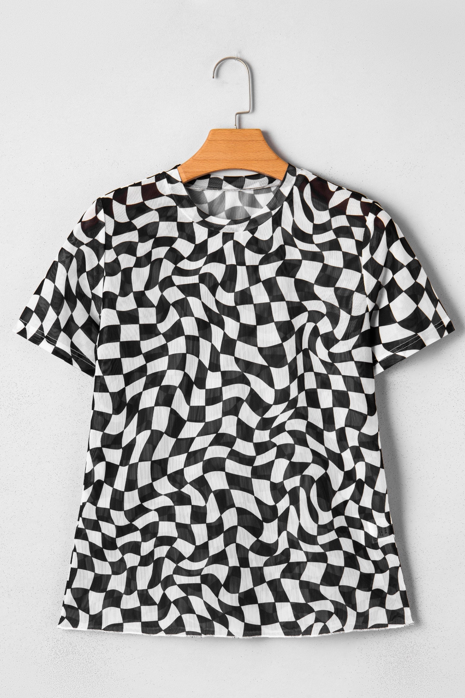 Checker Mesh Mock Neck Short Sleeve T-Shirt
