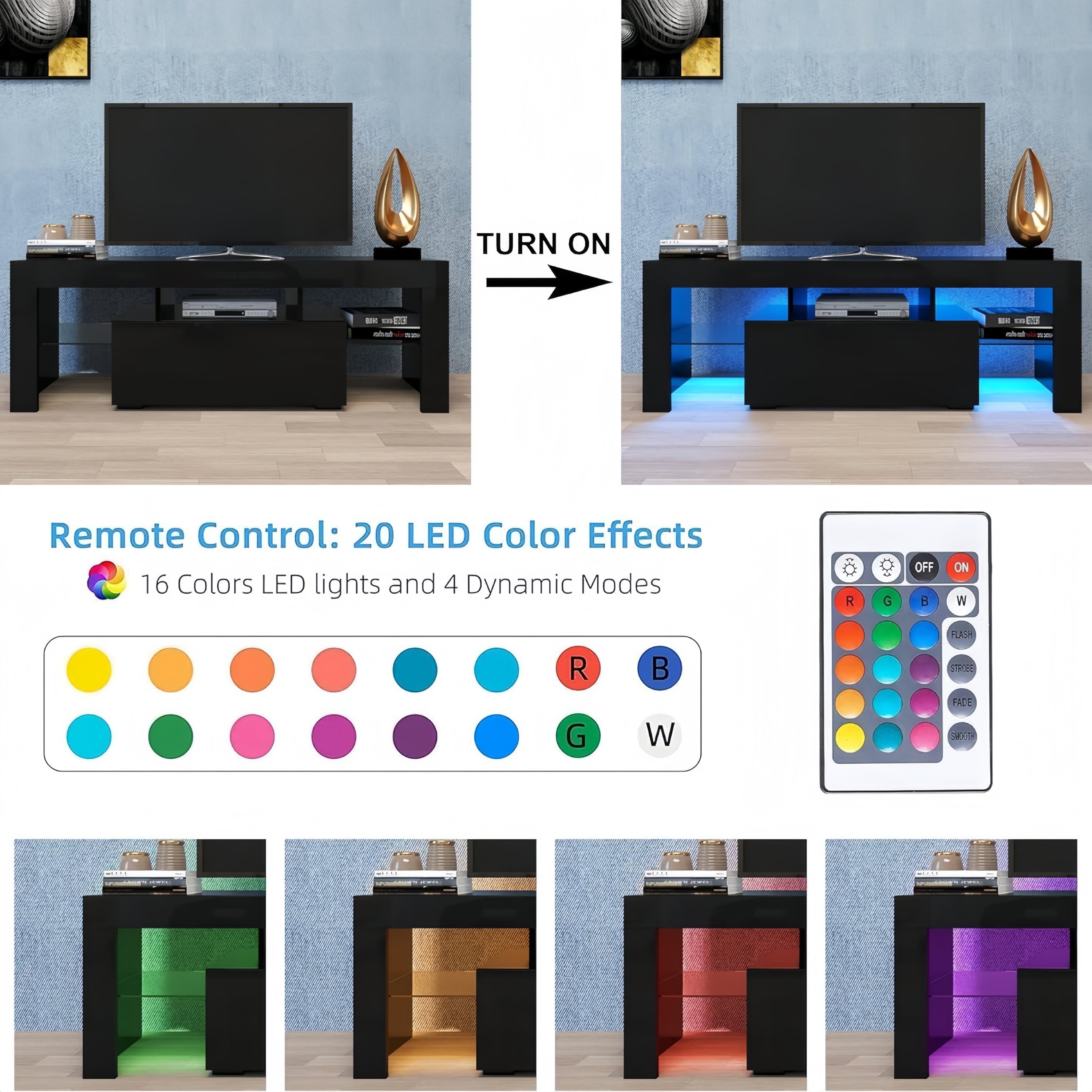 LED TV Stand for Televisions up to 55 Inchs,Modern Entertainment Center with down filp door, Glass shelf and high glossy UV front face, TV Console Table for Living room,Bedroom. Black color