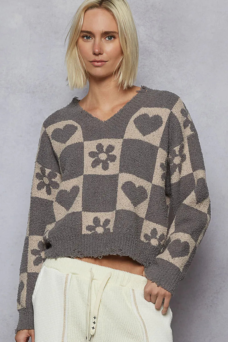 Pol V Neck Heart Pattern Checkered Sweater Oversized