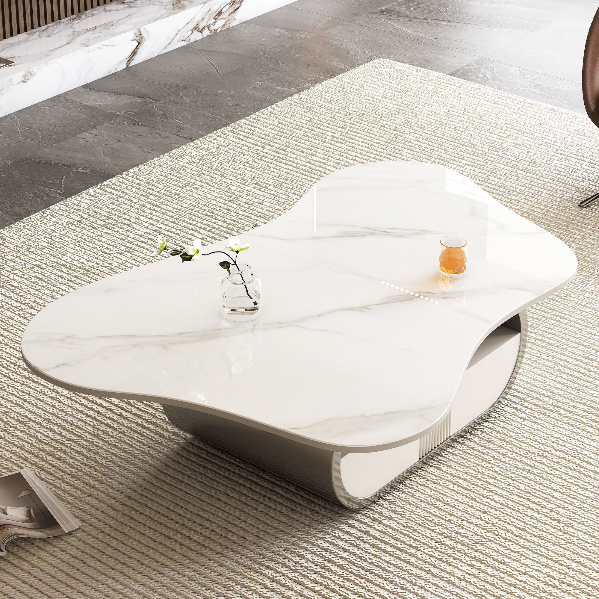 Modern Butterfly Coffee Table with Sintered Stone Top – Oval Center Table with Storage Shelf & Drawer, Stainless Steel Base & MDF Cabinet