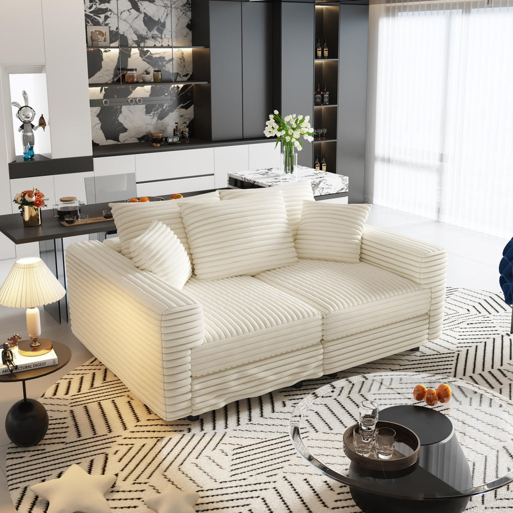 82.7 ' Plush Corduroy 3-Seat Sofa, Modern Comfy Upholstered Sofa Cloud Couch, Deep Seat Couches with Soft Pillows and 2 Ottomans, Convertible Sofa Lounge Chair, for Living Room,Apartment,Office,Beige