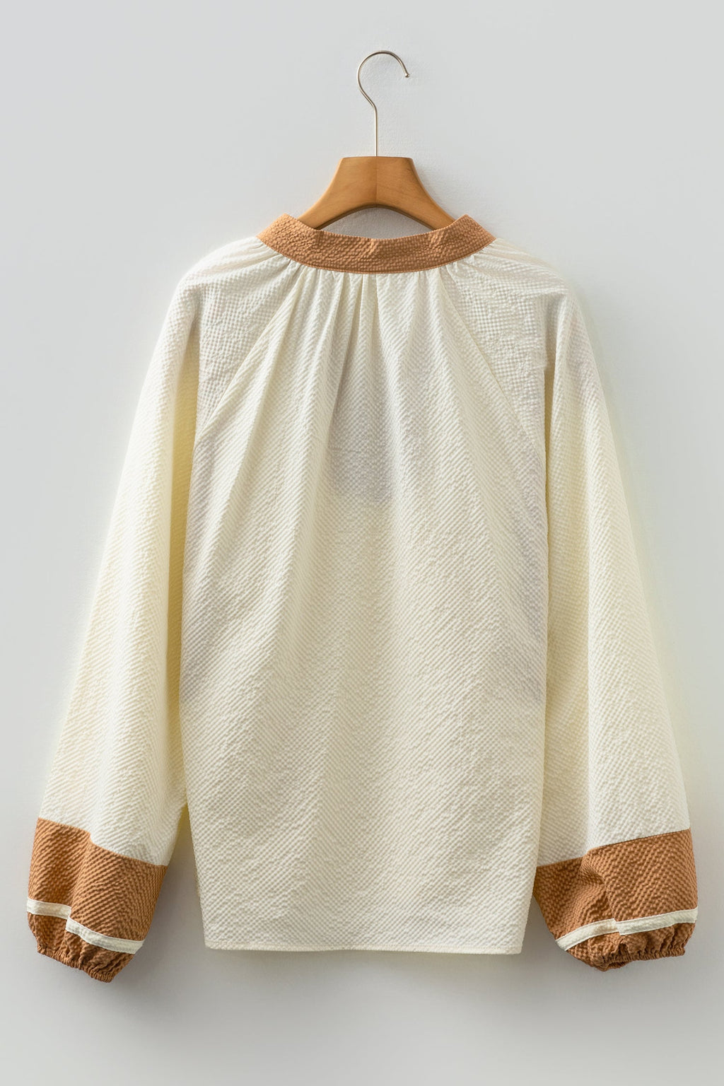 Colorblock V-Neck Textured Long Sleeve Blouse