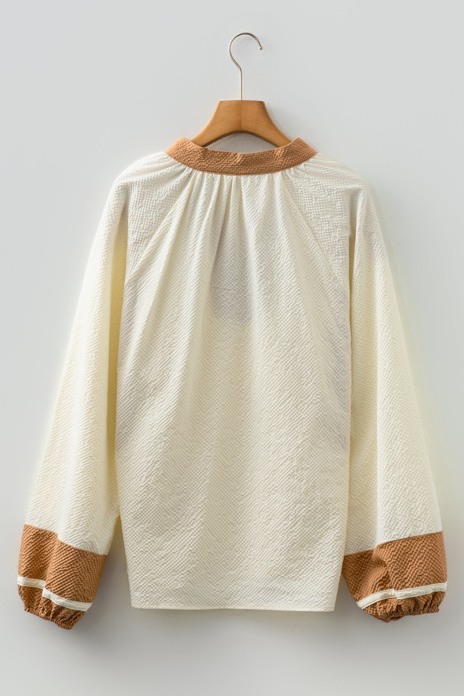 Colorblock V-Neck Textured Long Sleeve Blouse