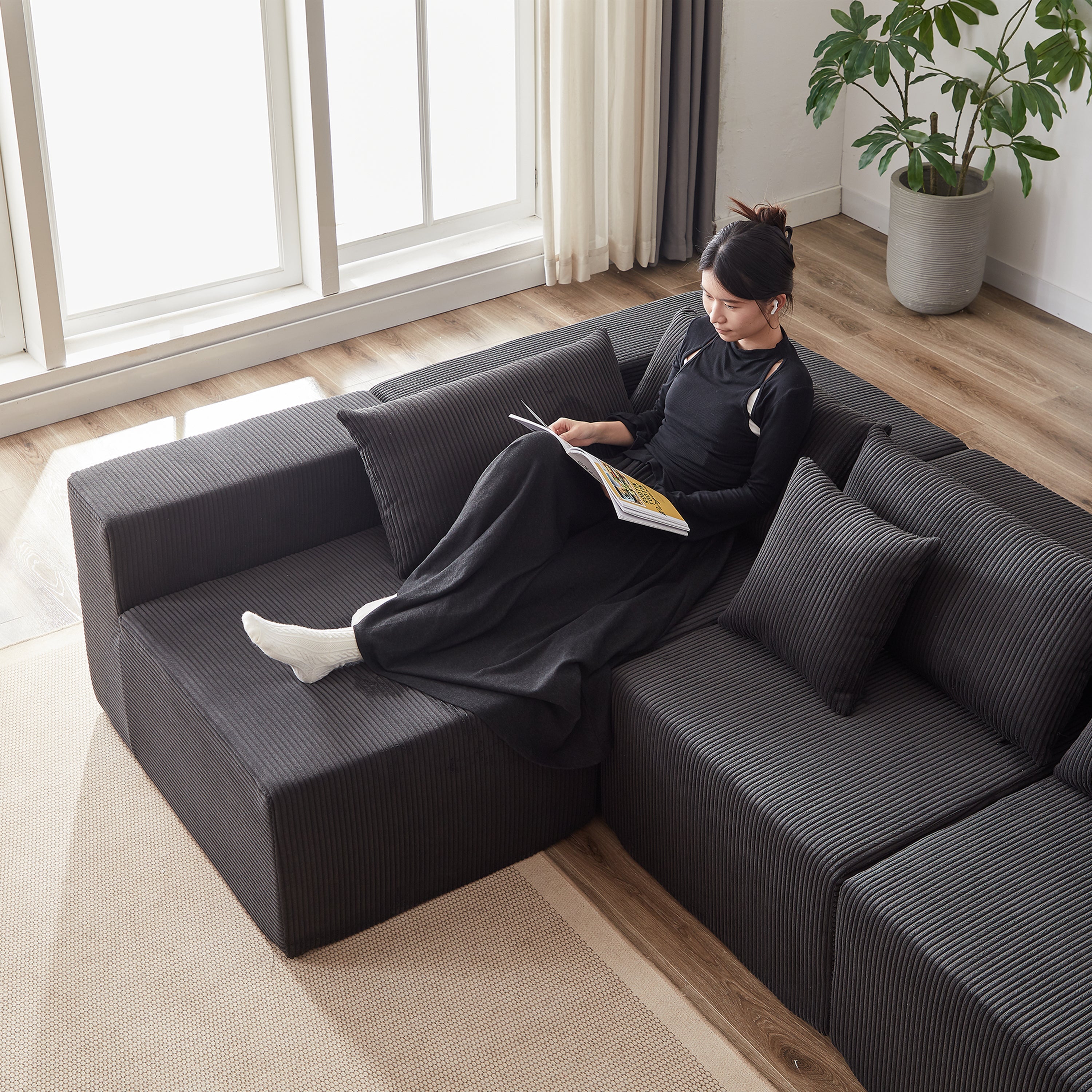104-Inch Corduroy  Modular L Shaped Sectional Sofa,Luxury Floor Couch Set,Upholstered Indoor Furniture,Foam-Filled Compressed Sofa for Living Room,Bedroom,4 PC Free Combination