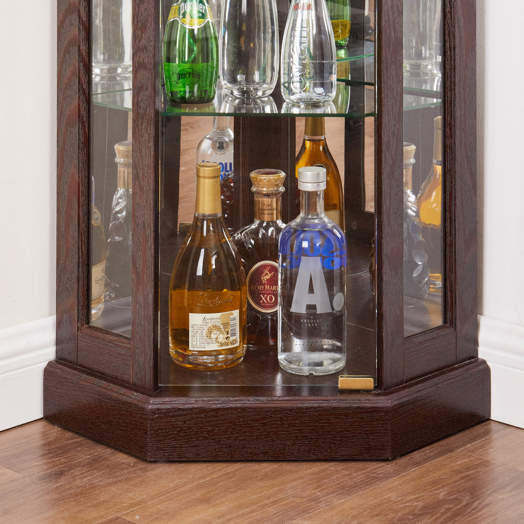 Lighted Corner Curio Cabinet - Display Case for Living Room, Antique Collectibles, Wine & Bar Glass Storage - Elegant Corner Design with Lights Included-Dark Cherry