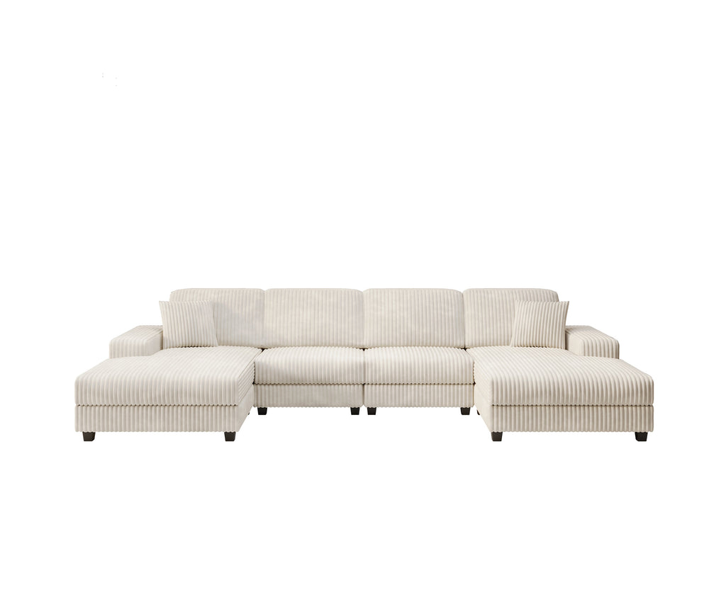 Convertible U-shaped Combination Sofa, Corduroy Fabric, Modern Comfortable Large Size 4 Seat Sofa, Living Room Double Lounge Chair,Beige