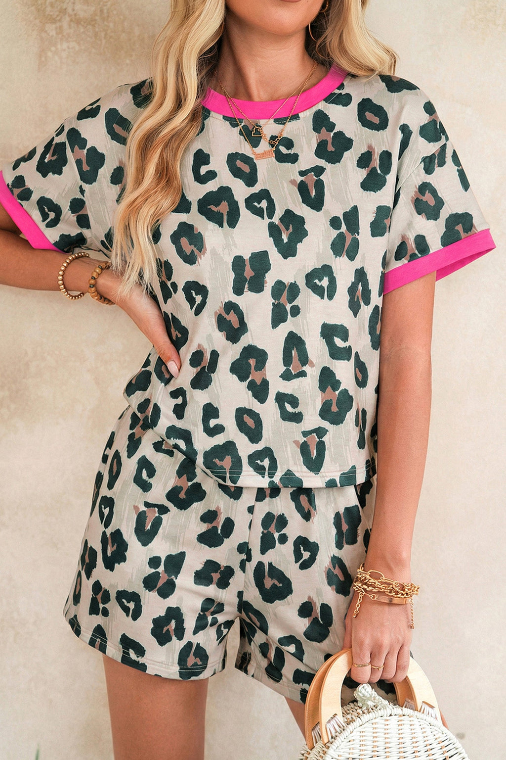 Leopard Contrast Trim Top & High Waist Shorts Set