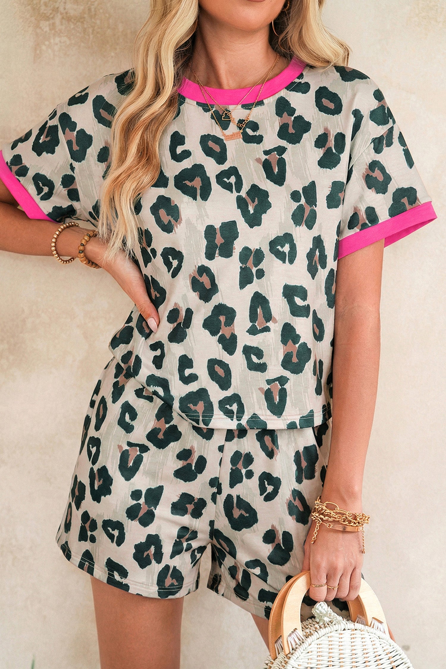 Leopard Contrast Trim Top & High Waist Shorts Set
