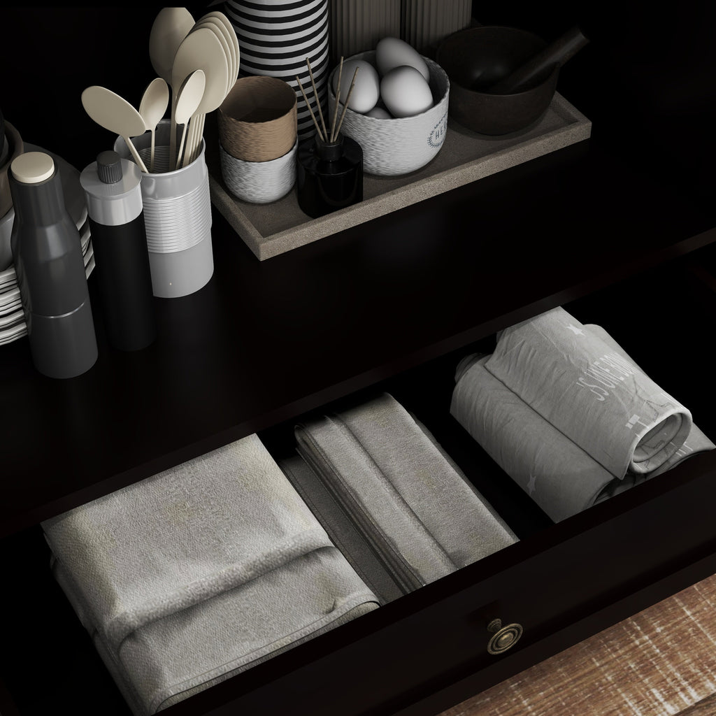 Minimalist Buffet Cabinet with Double Glass Doors and Drawer, Modern Wooden Storage Sideboard in Black