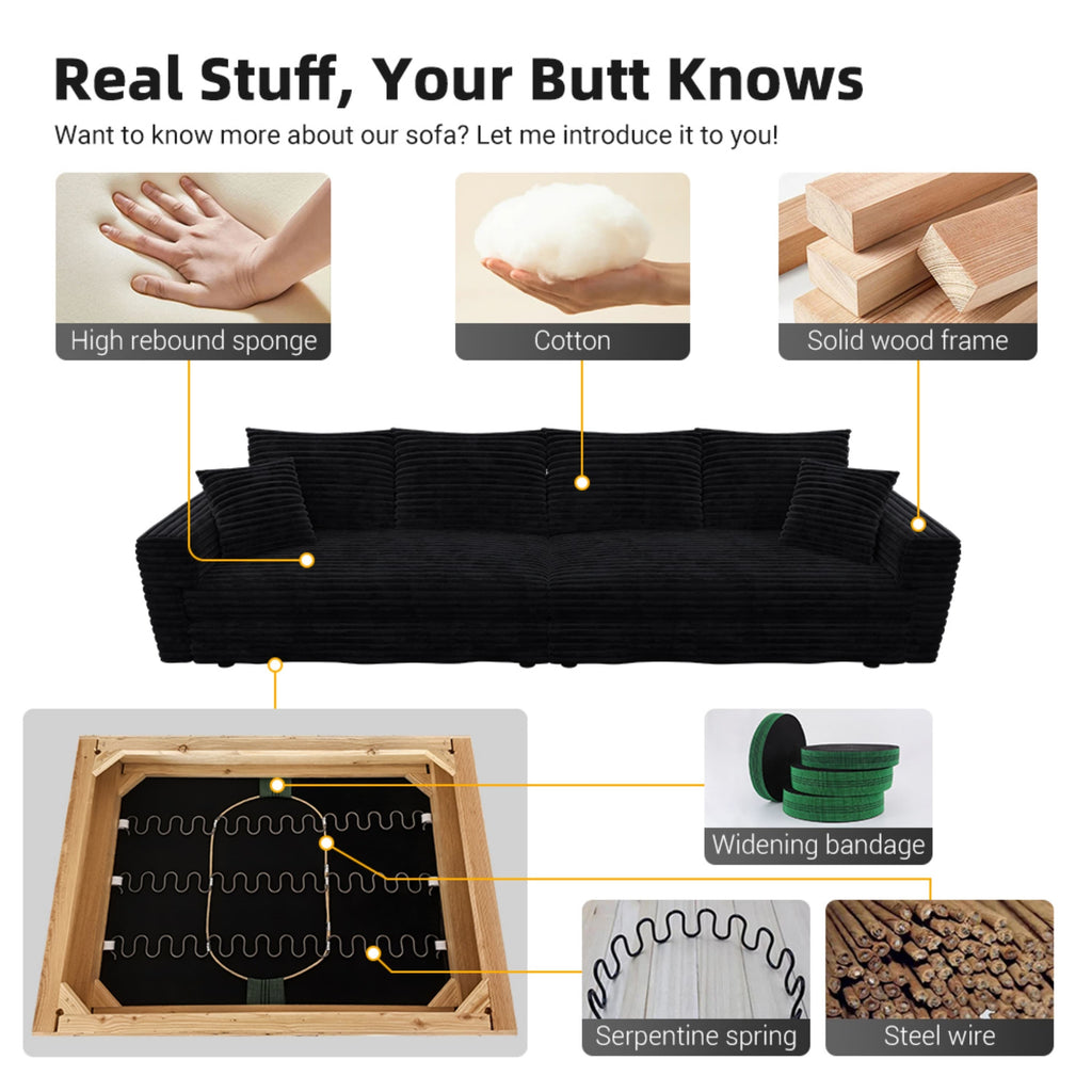 104.3 ' Plush Corduroy 4-Seat Sofa, Modern Comfy Upholstered Sofa Cloud Couch, Deep Seat Couches with Soft Pillows and 2 Ottomans, Convertible Sofa Lounge Chair, for Living Room,Apartment,Office,Black