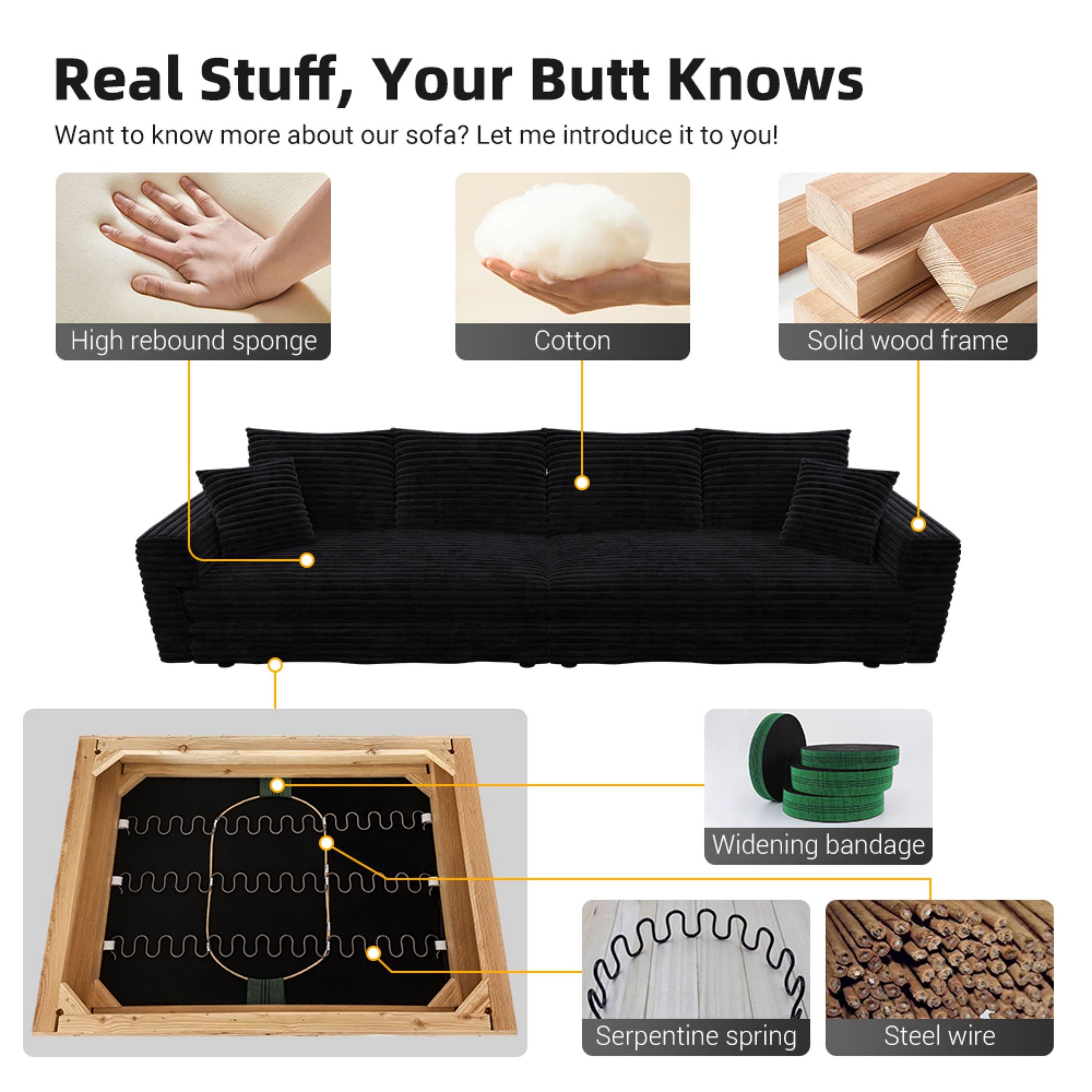 104.3 ' Plush Corduroy 4-Seat Sofa, Modern Comfy Upholstered Sofa Cloud Couch, Deep Seat Couches with Soft Pillows and 2 Ottomans, Convertible Sofa Lounge Chair, for Living Room,Apartment,Office,Black