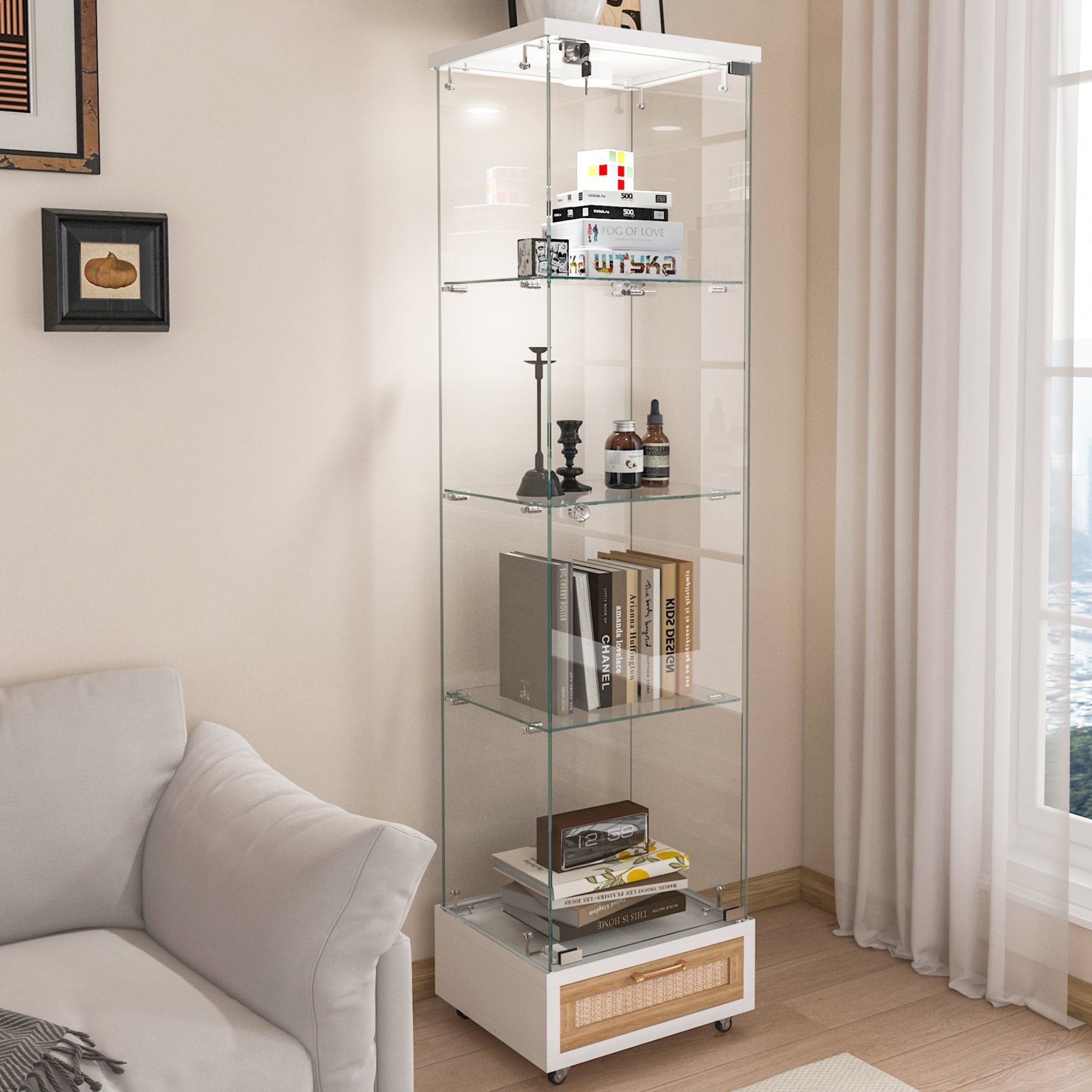 Modern Glass Display Cabinet with Drawer , Quick-assembly Antique Cabinet with LED lights, Tempered Glass Bookshelf,  1-Door Storage Case with 4 Shelves  for Living Room and Bedroom, white and natural