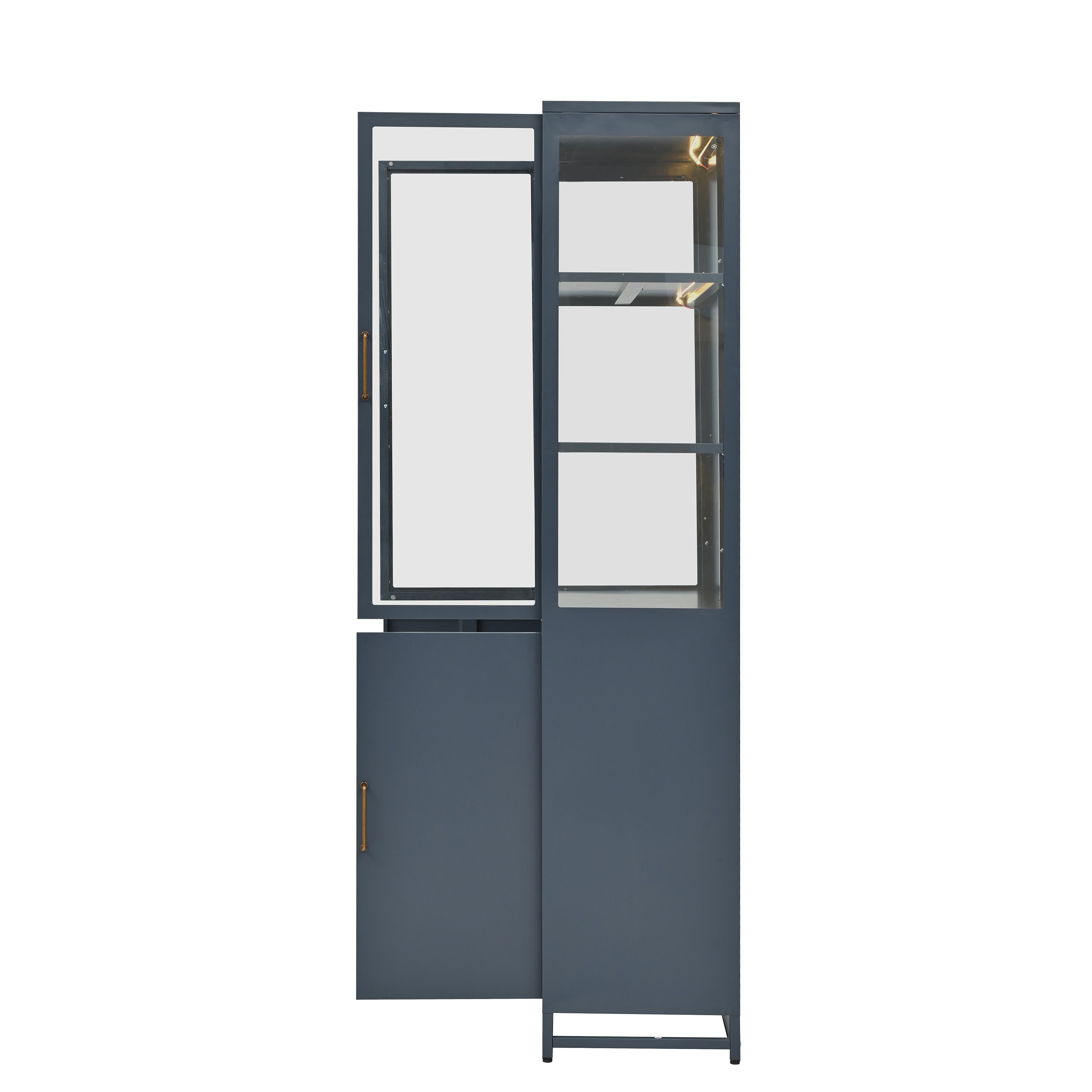 Modern Style 76.75'' Tall Steel Display Cabinet with Double Glass Doors, LED Lights, 3-Sided Glass for Collectibles - Dark Blue