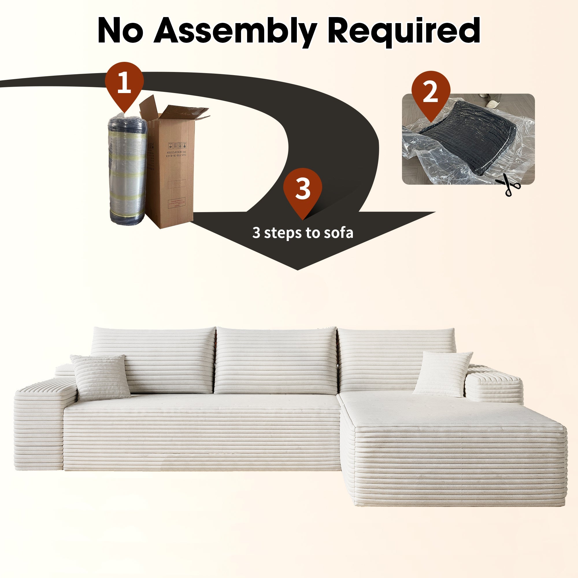 107' Cloud Sectional Couch with L-Shape Chaise,Modern Modular Sofa with Deep Seat, Upholstered Couches for Living Room Bedroom,No Assembly Required, (Plush Corduroy Fabric),White