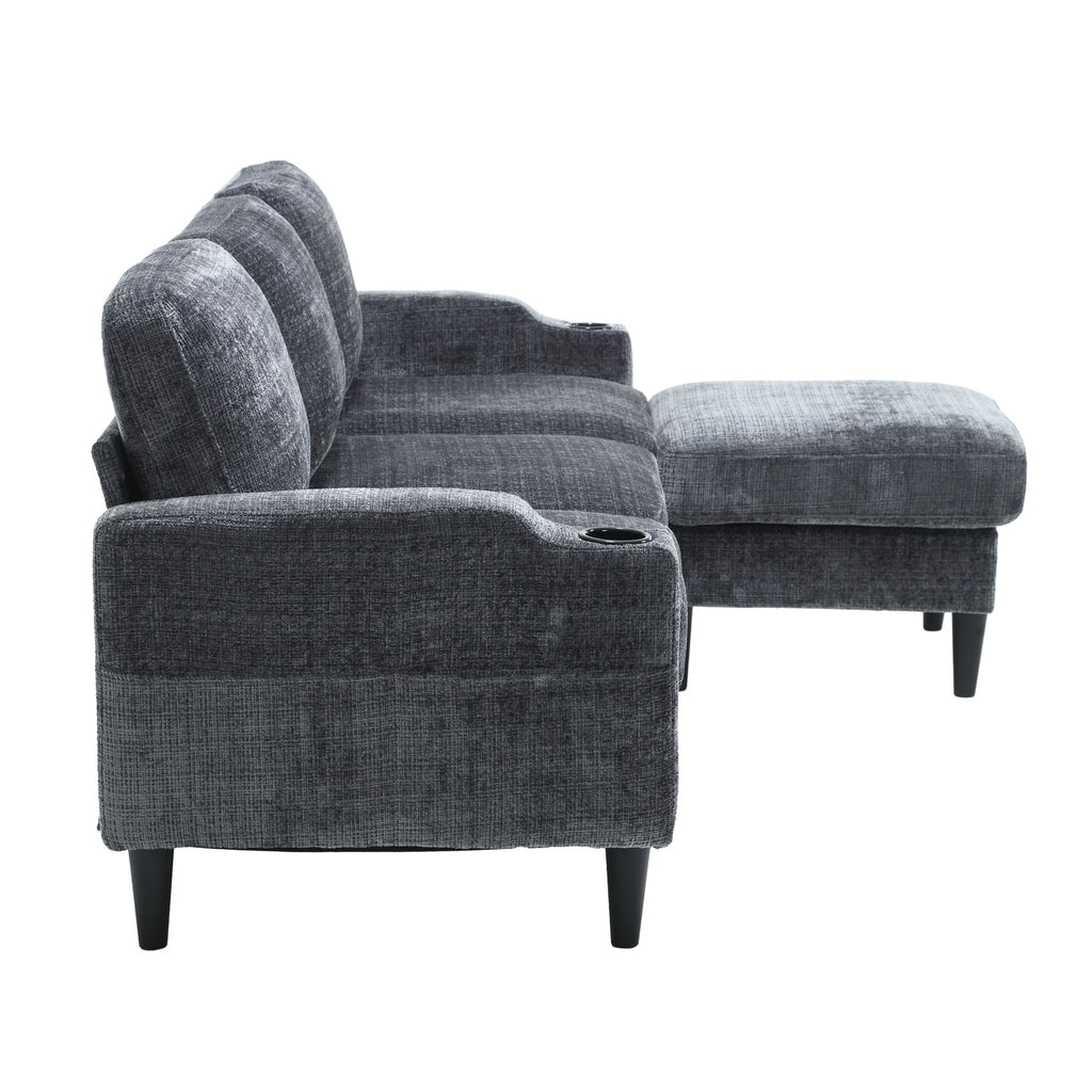 UNITED  WE WIN Sofa for three, solid wood frame, Chenille fabric, side pocket, with two cup holders, footstool with storagestorage sofa /Living room sofa cozy sectional  sofa