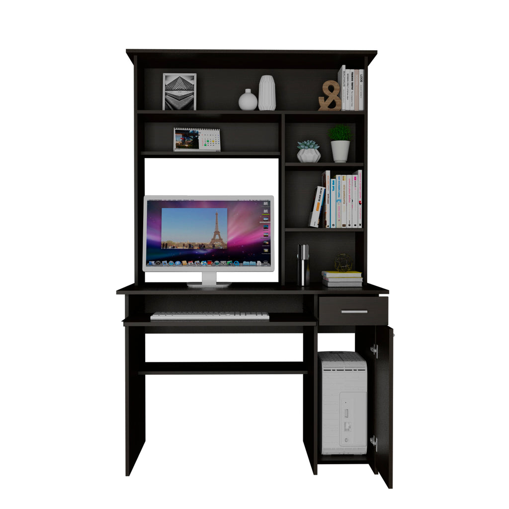 Compu 180 Hutch Desk, Multiple Shelves, Keyboard Tray, CPU anel, One Drawer -Black