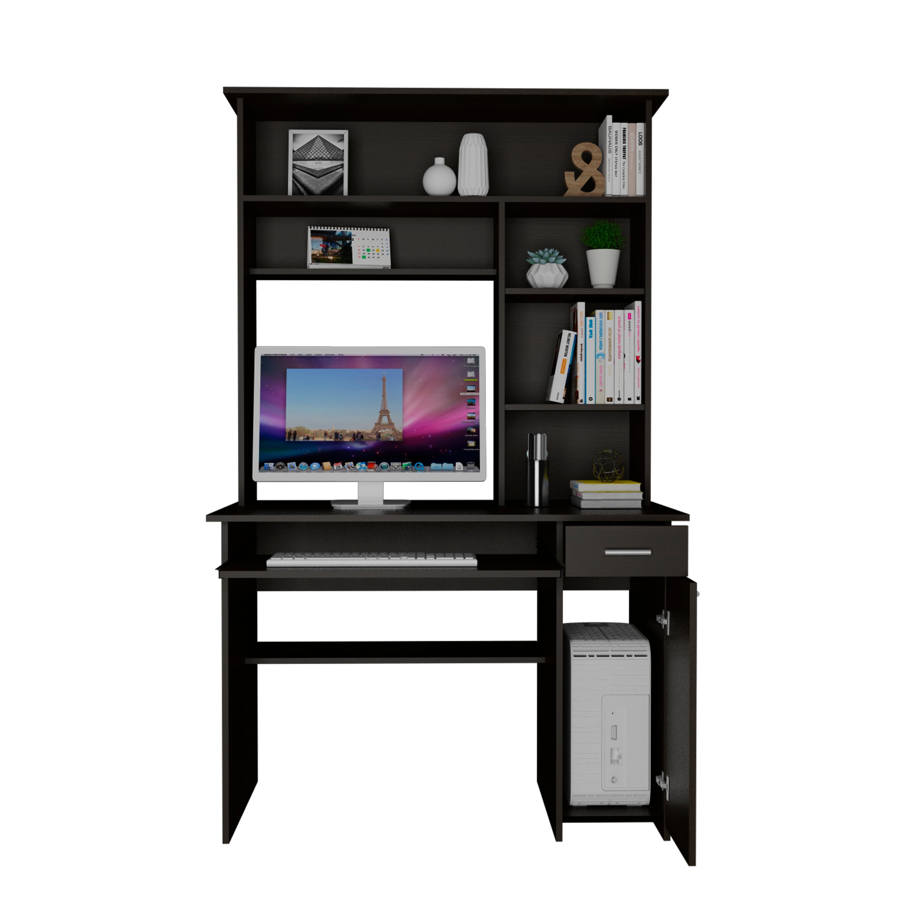 Compu 180 Hutch Desk, Multiple Shelves, Keyboard Tray, CPU anel, One Drawer -Black