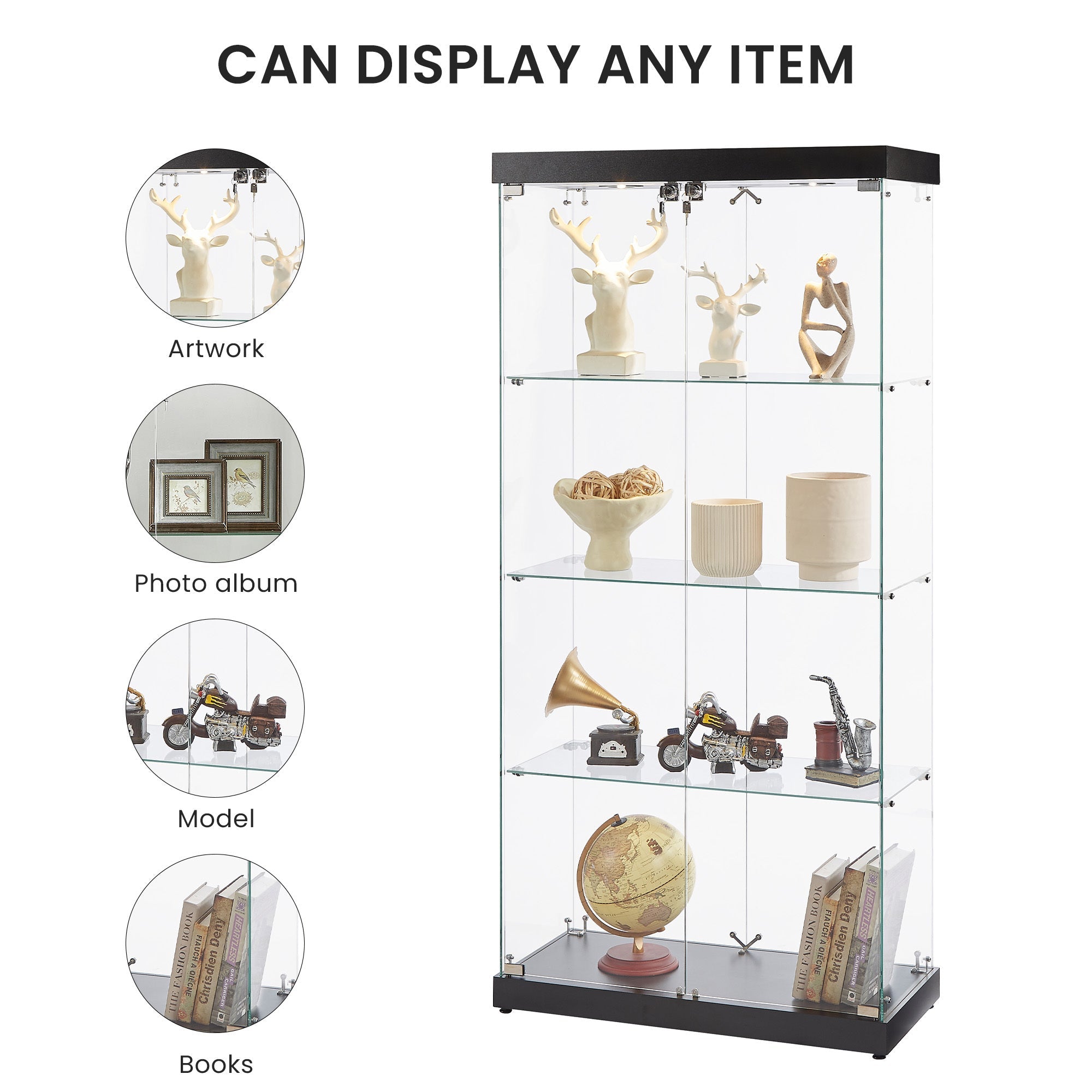 4-Tier Glass Display Cabinet, Double Door Glass Cabinet, Four Partitions, Two Locks, Floor Standing Storage Cabinet for Living Room, Bedroom, Showroom and Office, Black, 31.5'L x 14.2'W x 66.3'H